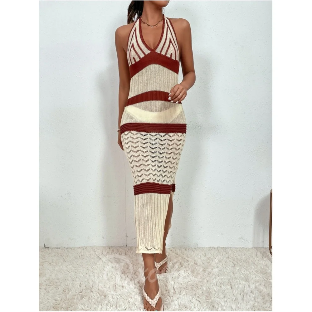 Long Beach Coverup Dress Beige and Brown Stripes Backless V-Neck Halter - Picture 6 of 7